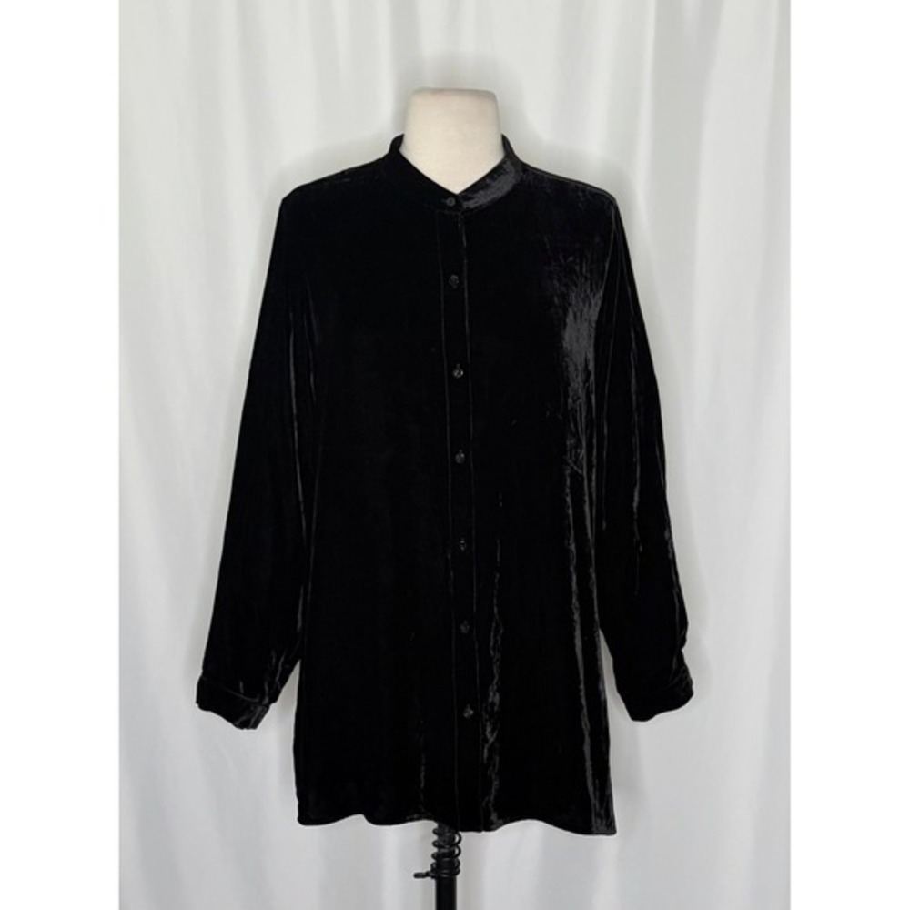 NWT! EILEEN FISHER Silk Velvet Mandarin Collar Top Buttondown Black Large Petite - Picture 3 of 14